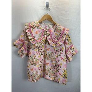 NEW Elizabeth Wilson Pink oversized collar ruffled birds floral citrus Frilly MD
